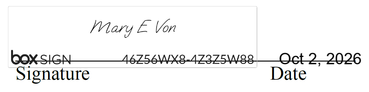 Mary E Von signature, date Oct 2, 2026, box sign 46z56wx8-4z3z5w88