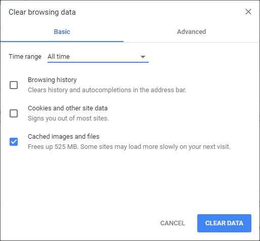 Chrome's clear browsing data window with "browsing history", "download history", "Cookies and other site and plugin data" and "cahced images and files" checked