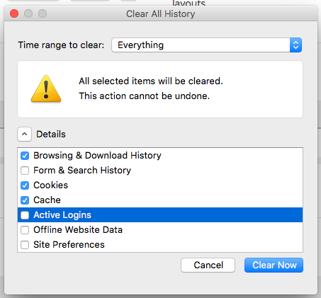 Firefox's Clear All History window with "browsing & download history", "cookies" and "cache" checked