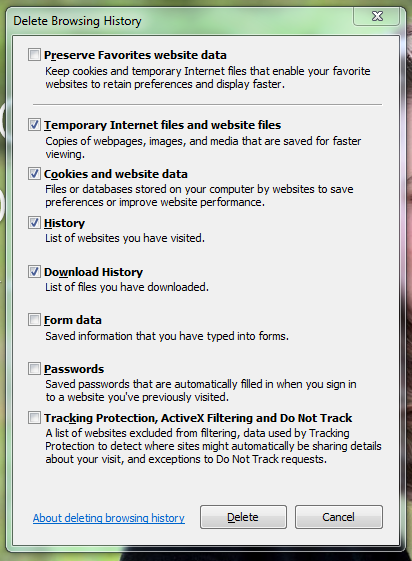 Internet Explorer's Delete Browsing History window with "temporary Internet files and website files", "cookies and website data", "history" and "download history" checked