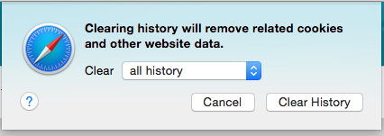 Safari's Clear History window with "clear: all history" selected