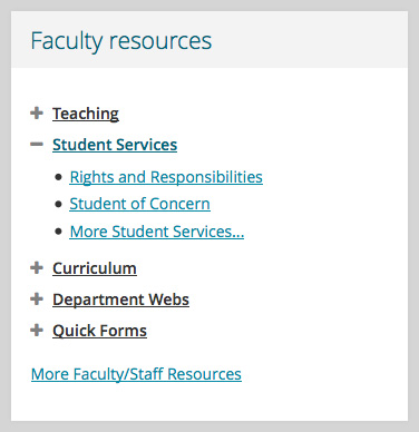 Faculty resources channel – expandable sections containing lists of links