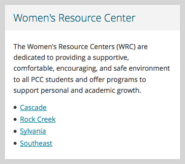 Women's Resource Center channel – has a paragraph followed by a list of links