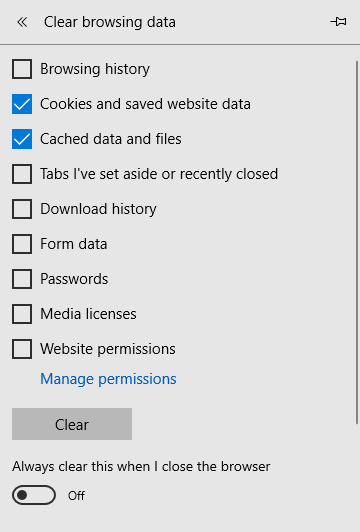 Edge browser clear history box with "Cookies and saved website date" and "Cached data and files" selected