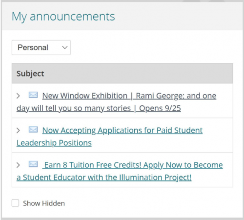 Screenshot of the MyPCC Announcements channel showing several sample messages