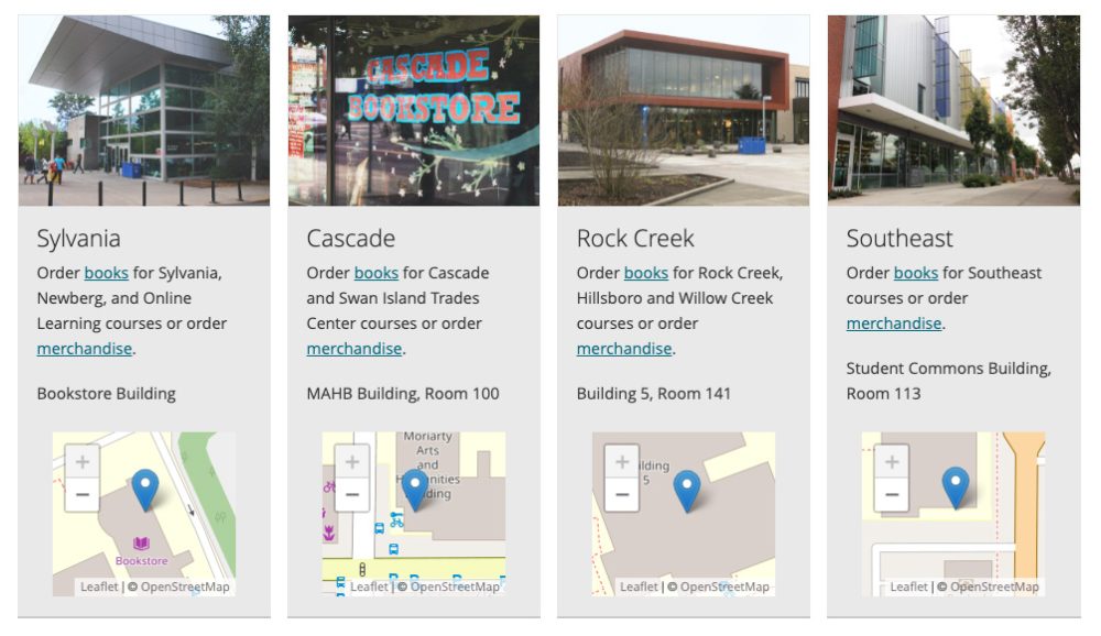 Screenshot of four maps with one placemark each, for each of the campus bookstores