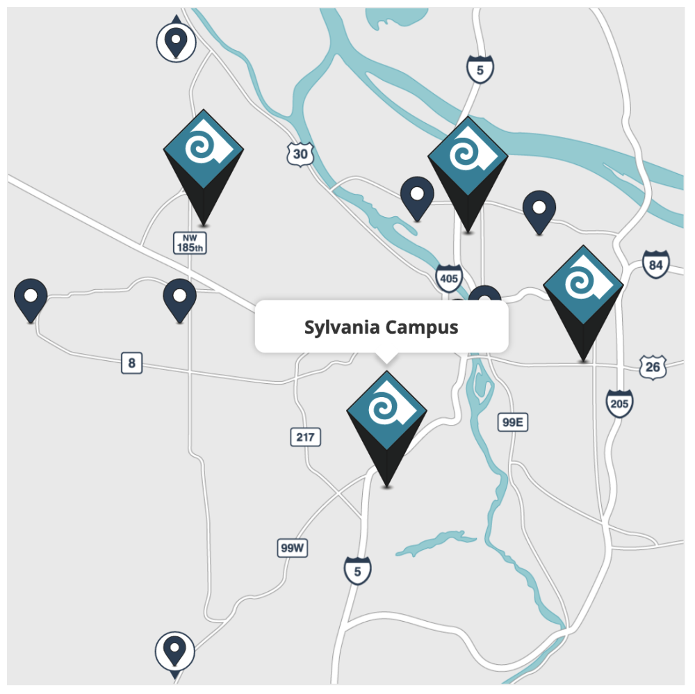 Map hover state, with Sylvania Campus's name above its marker