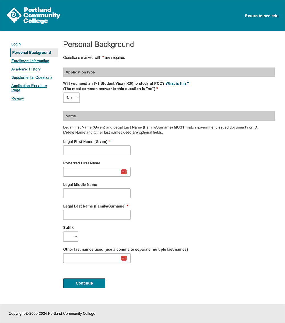 Slate admissions application screenshot