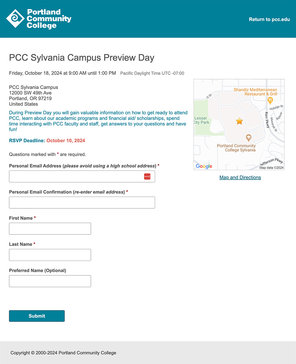 Slate event registration form screenshot