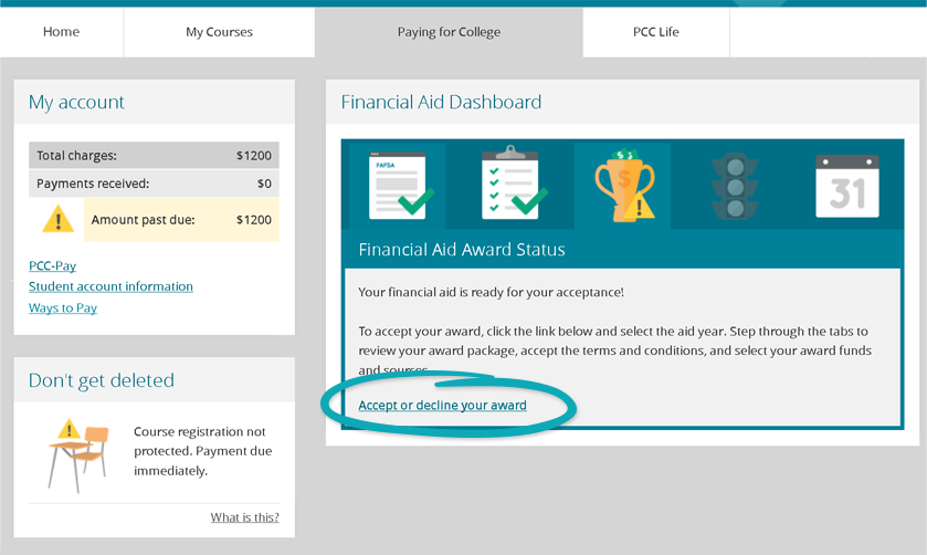 screenshot of mypcc paying for college tab with accept your award package circled