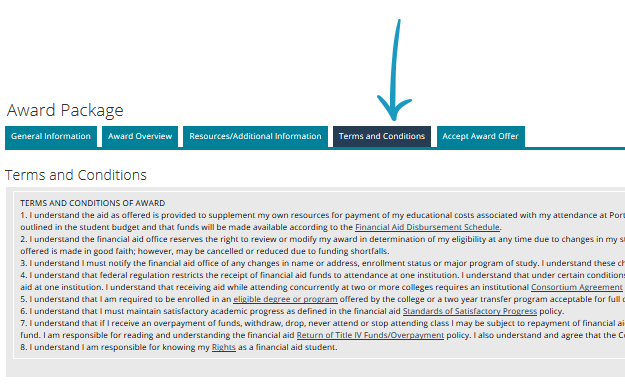 screenshot of award package with arrow pointing to terms and conditions tab