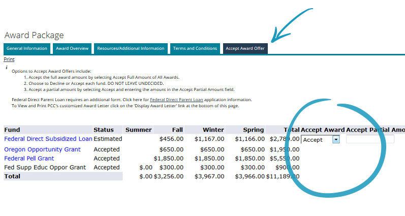 screenshot of accept award offer tab with accept award column drop down menu circled