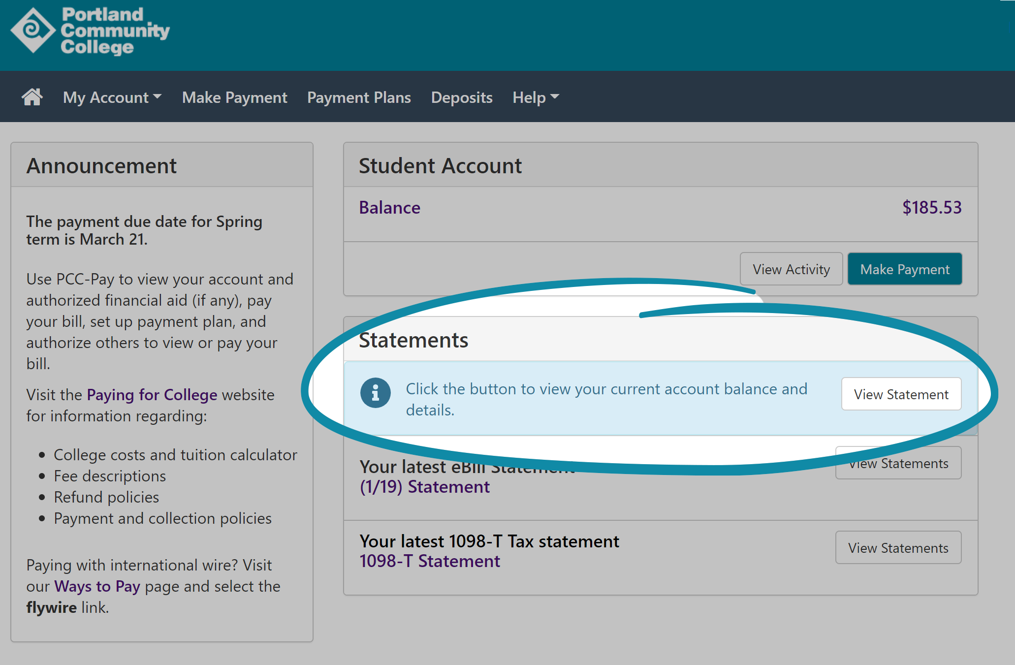 screenshot of pcc-pay dashboard statements section