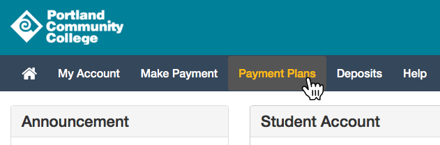 screenshot of PCC-Pay with mouse over Payment Plans link