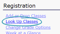 screenshot of registration page with look up classes circled