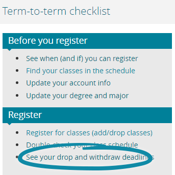 screenshot of term-to-term checklist with drop and withdraw deadlines circled
