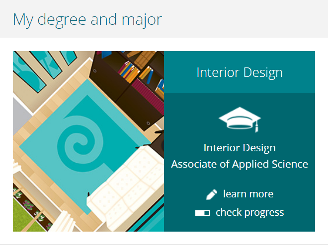 Screenshot of MyPCC channel reading: My major, Interior Design, Design for accessiblity and aging in place. One year certificate. Learn more. Check progress.