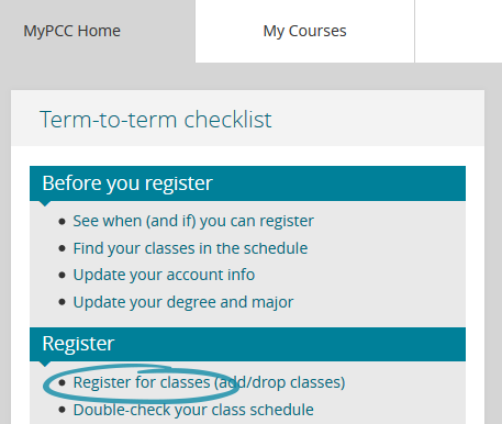screenshot of mypcc home tab with register for classes circled