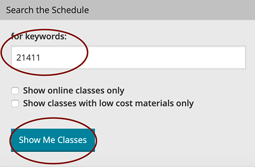 Screenshot of the class schedule main page with the checked Spring Term radio button circled, the CRN entered in the keywords search box (also circled), and the show me classes button circled