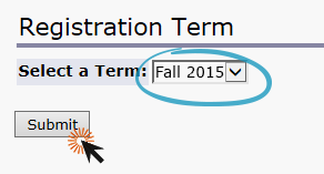 screenshot of registration term page with fall circled and clicking submit button