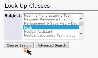 screenshot of look up classes page with math highlighted and clicking course search button 