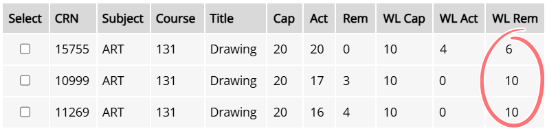 screenshot of look up classes page with wl rem column circled