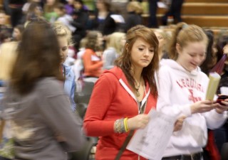 Crowd of young women heading to career sessions