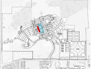 Site plan for proposed 30,000 square foot addition for Building 7 (red area) and upgrades to the adjacent quad (blue area) at Rock Creek Campus. Event will take place in Building 9.