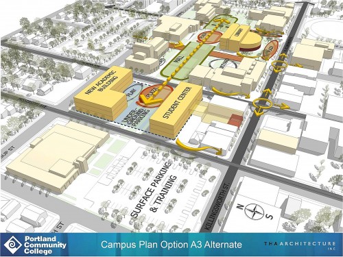 The future layout for the new academic building, student center and underground parking at the Cascade Campus.