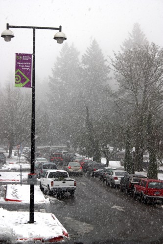 The parking lots were hit hard by the falling snow, which didn't deter staff or students.