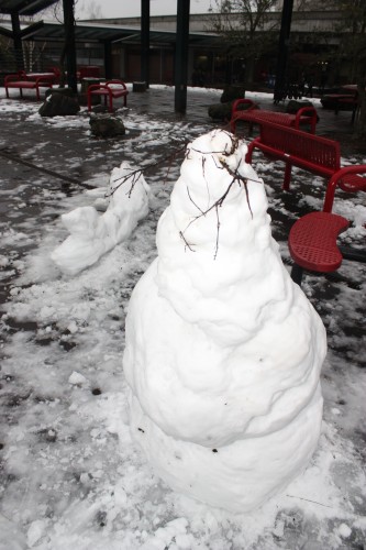 Students made several snowmen and a snow-mermaid in the outdoor commons area by the PAC.