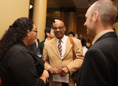 Future Connect student Victoria Rodriguez chats with PCC District President Preston Pulliams just before both gave testimony about their Future Connect experiences. On the right is Future Connect Manager Josh Laurie.