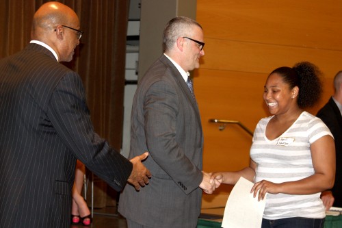 Mayor Sam Adams (center) and Portland Community College District President Preston Pulliams shook the hands of every new Future Connect student.
