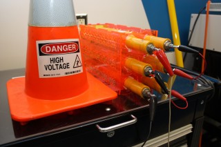Individual batteries that are being recharged in the Sylvania Campus automotive research lab. Individual batteries that are being recharged in the Sylvania Campus automotive research lab.