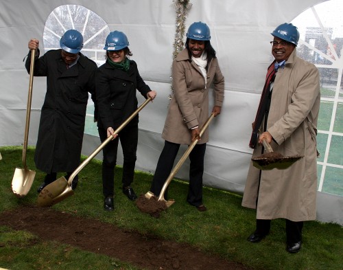 Left to right, Cascade President Algie Gatewood, Cascade Student Leader Esther Forbyn, PCC Board Member Kali Thorne Ladd and College President Preston Pulliams. Campus and college leaders as well as key community partners attended the campus' bond groundbreaking on Tuesday, Dec. 11 at the site of where the new underground parking structure will be built.