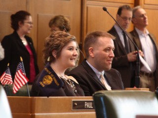Student Grace Morlock with State Rep. Tobias Read on the House Floor. Morlock is interning in Rep. Read's office.