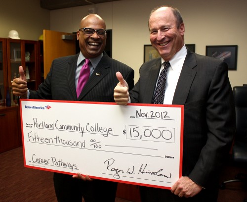 College President Preston Pulliams (left) and Bank of America President for Oregon and Southwest Washington Roger Hinshaw are giving the Career Pathways Program a big thumbs up.