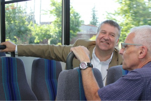 Jeremy is cruising toward Newberg Center. Staff have been filling him in on Newberg and the history of the college's new location there.