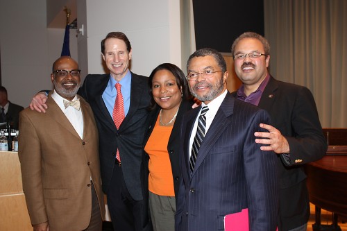 Algie Gatewood hosted numerous community events while leader of the Cascade Campus, including this town hall in 2011. Left to right, retired PCC President Preston Pulliams, U.S. Sen. Ron Wyden, Multnomah County Commissioner Loretta Smith, Gatewood and State Rep. Lew Fredericks.