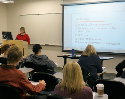 Career Guidance instructor Jackie Elliot teaches a CG 100 course to more than 25 students during fall term. Like many Career Guidance instructors, Elliot is also a counselor in the Sylvania Counseling Center and feels strongly the classes give students a better chance at being successful.