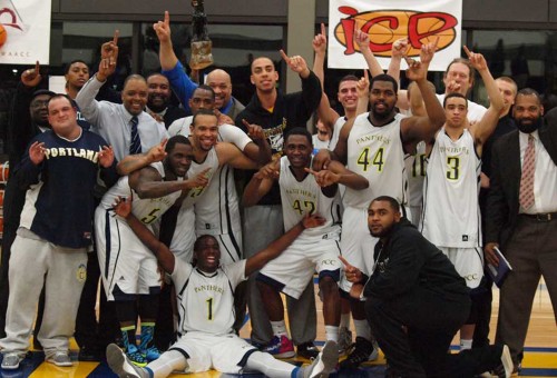 The PCC men's basketball team celebrates their historic advancement to the NWAACC Tournament.