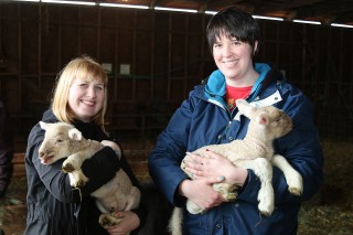 Left to right, BAMZA students Ann Lauerman and Alisha Harvey with new lambs.