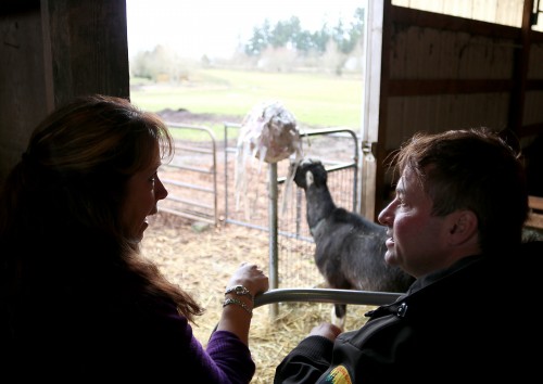Left to right, Dolores Galindo, Vet Tech instructional support technician, and Brad Krohn, instructor, talk goats at the Rock Creek campus Farm.