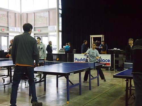 Some competitors in action at Pure Pong in Northwest Portland.