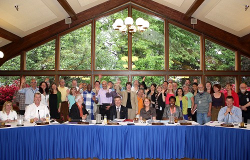 The PCC Board, seated, with the Southeast Campus supporters at the May 15 board meeting.