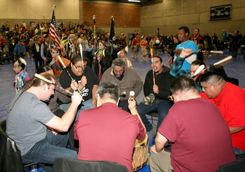 One of many Native drum groups that ushered in the dancers during the PCC powwow's first grand entry.