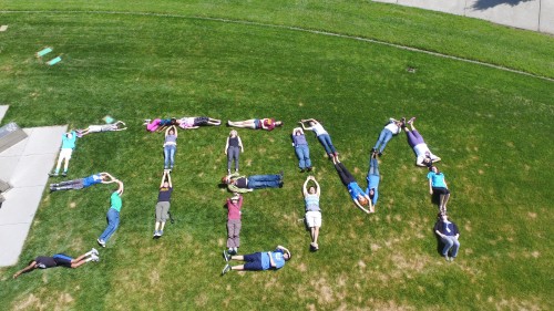 An aerial photo by Zippy the drone of the STEM campers at the Rock Creek Campus.