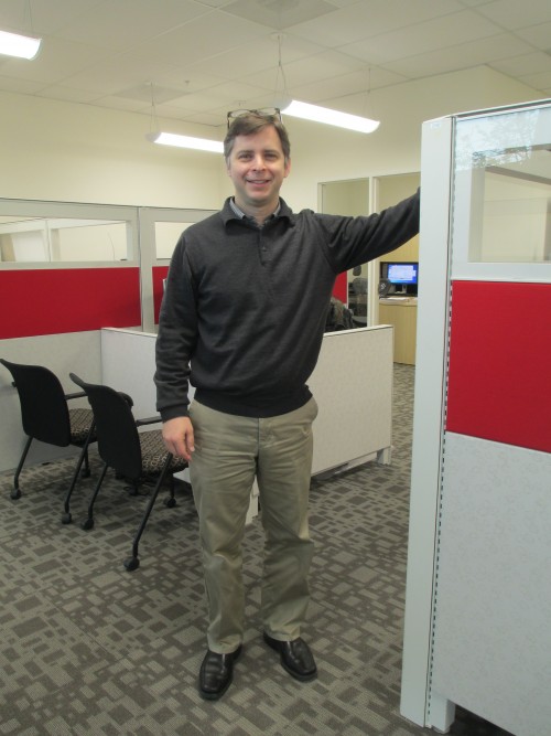 Ryan Courtney recently opened his State Farm insurance agency in one of the ground-floor retail spaces that PCC created in Southeast Campus' new Student Commons building. Courtney says he was drawn to the campus' diverse neighborhood and its potential for growth. March 23, 2016/Photo by Katherine Miller 