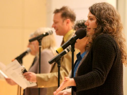 Writers presenting from the forthcoming 2Leaf Press “White in America” anthology. It was a staged reading where the authors read jointly, interspersing excerpts from their writings theatrically.