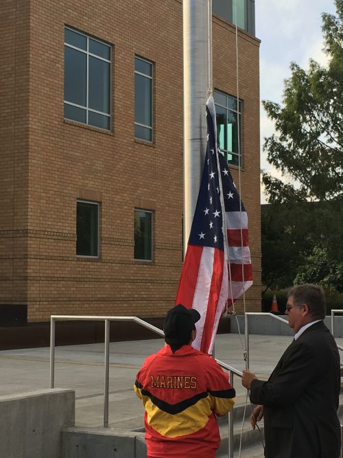 With the U.S. flag raised to half-mast, Cascade Campus President and native New Yorker Karin Edwards offered her reflections on the attacks, followed by remarks from College President Mark Mitsui.